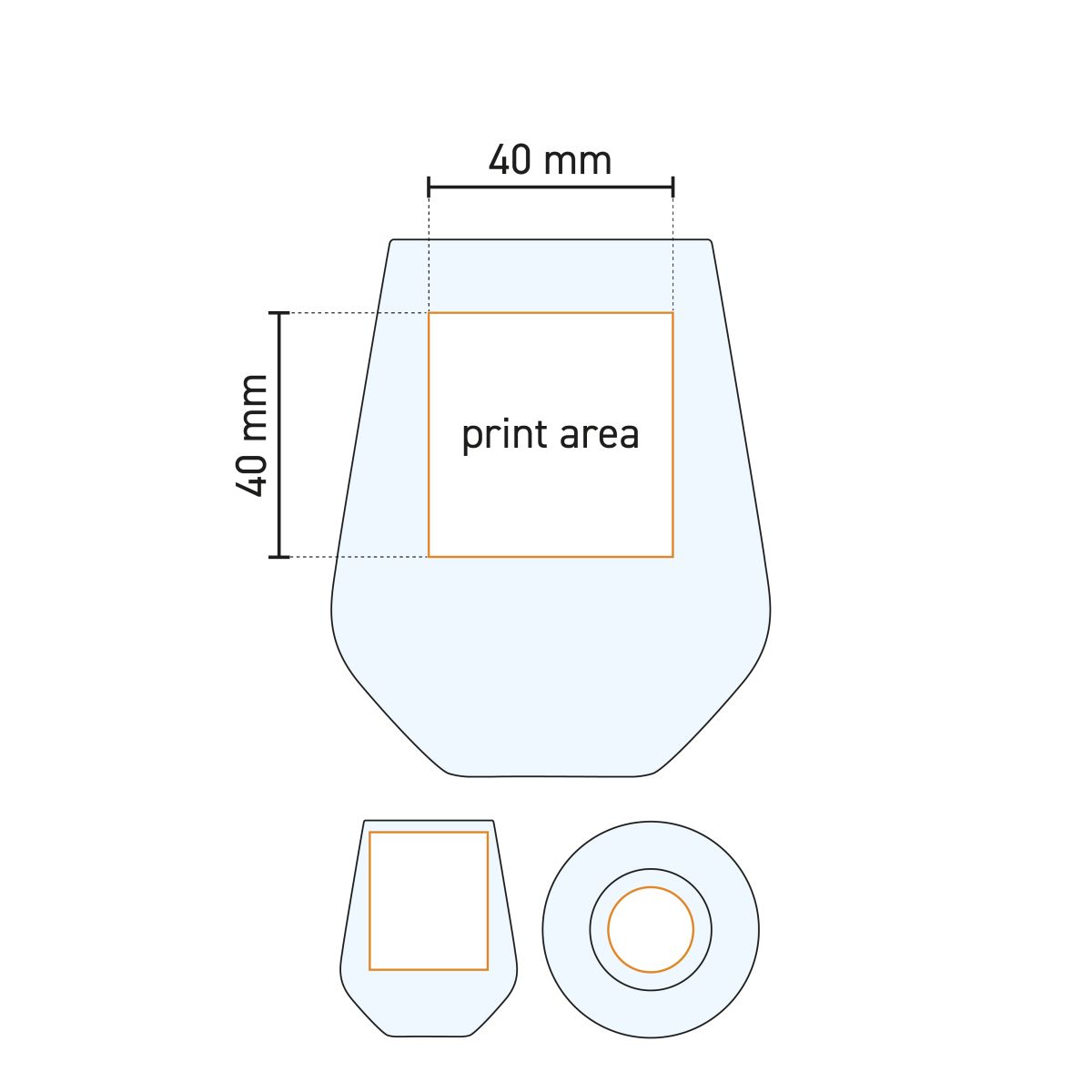 Technical working drawing with printing area for logo on Tumbler Allegra glass 34.5 cl.