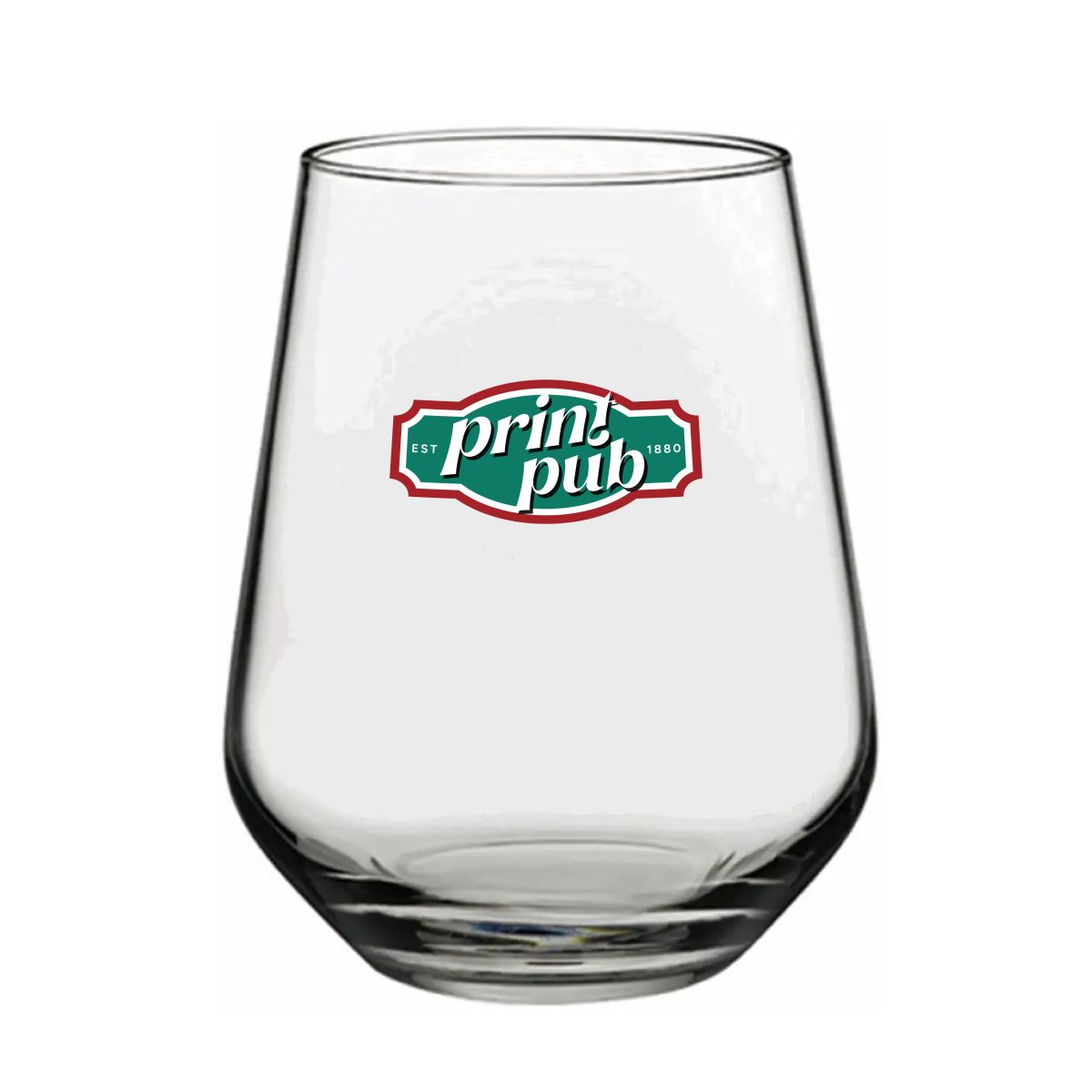 Clear Tumbler Allegra 34.5 cl with multi-coloured PrintPub logo on the front of the glass.