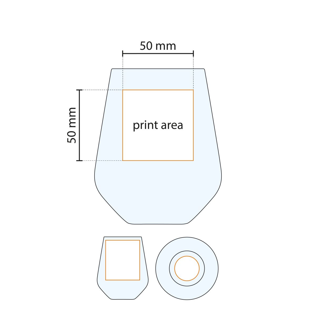 Technical working drawing of the tumbler glass Allegra with marking of the printing area for logo or text printing.
