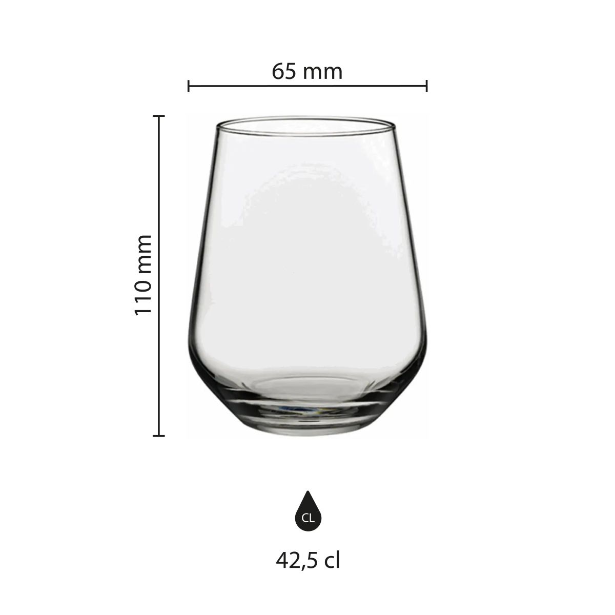 Infographic shows the dimensions of the tumbler glass Allegra 42.5 cl. including height and diameter.
