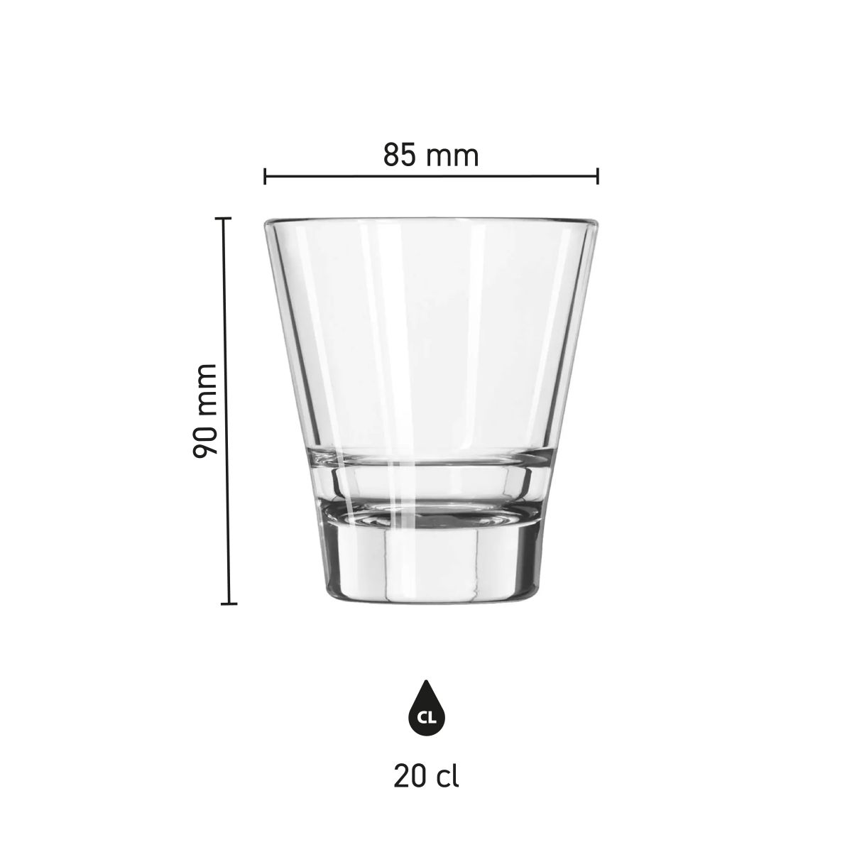 Infographic showing product dimensions of the Libbey Endeavor 20 cl tumbler glass with scale.