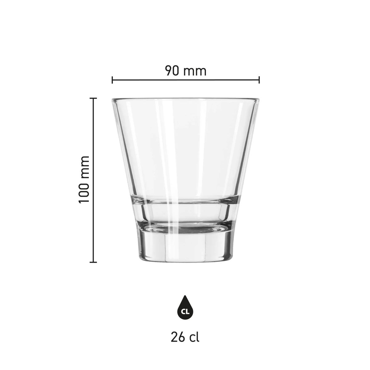 Infographic showing detailed dimensions of the Tumbler Libbey Endeavor 26 cl. including diameter and height.