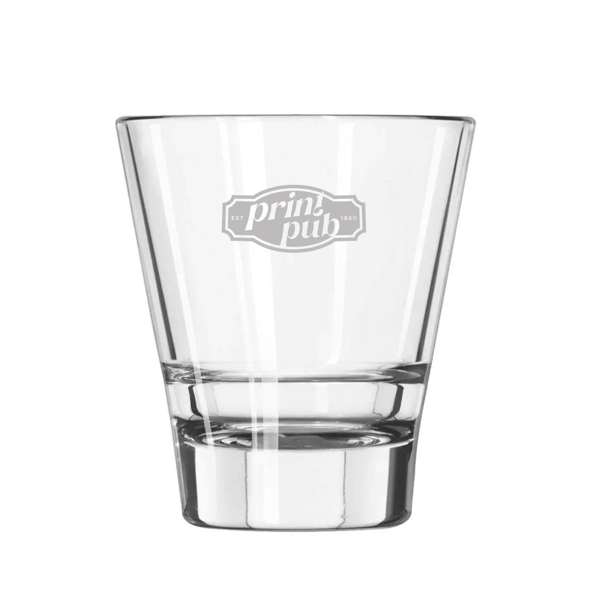 Engraving of PrintPub logo on tumbler Libbey Endeavor 35 cl. subtly placed on the front.