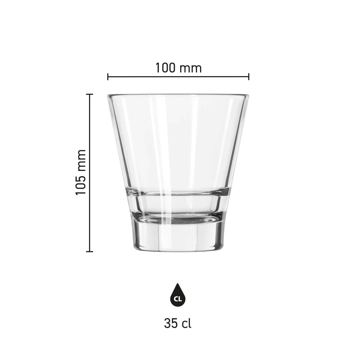Infographic showing dimensions of the Tumbler Libbey Endeavor glass 35 cl. including height and diameter.