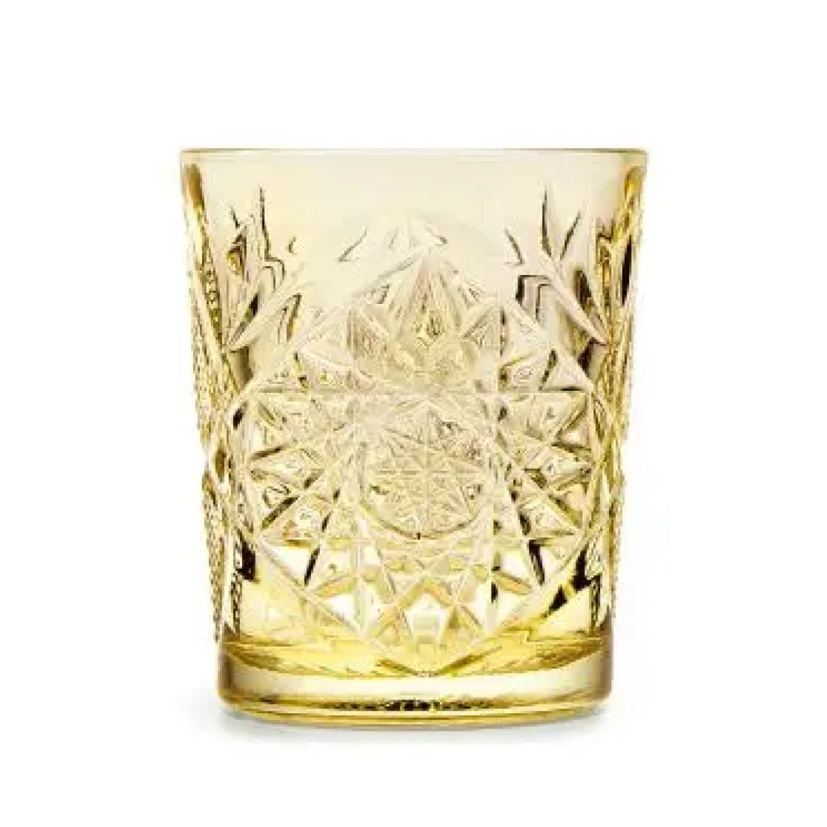 Yellow Tumbler Onis Hobstar 35 cl glass with cut star pattern, front view without printing