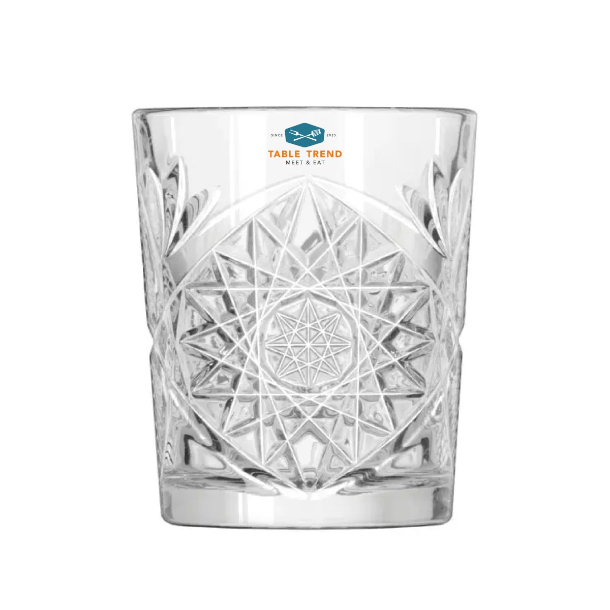 Transparent Tumbler Onis Hobstar 35 cl glass with multi-coloured TableTrend logo on the front panel