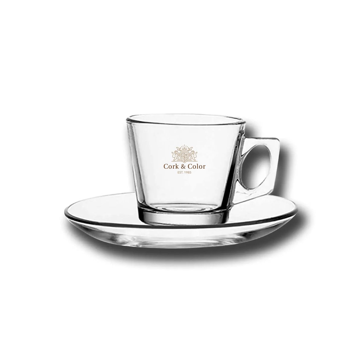 Vela 8 cl kop en schotel set glas met meerkleurig CorkColor-logo op het voorpaneel