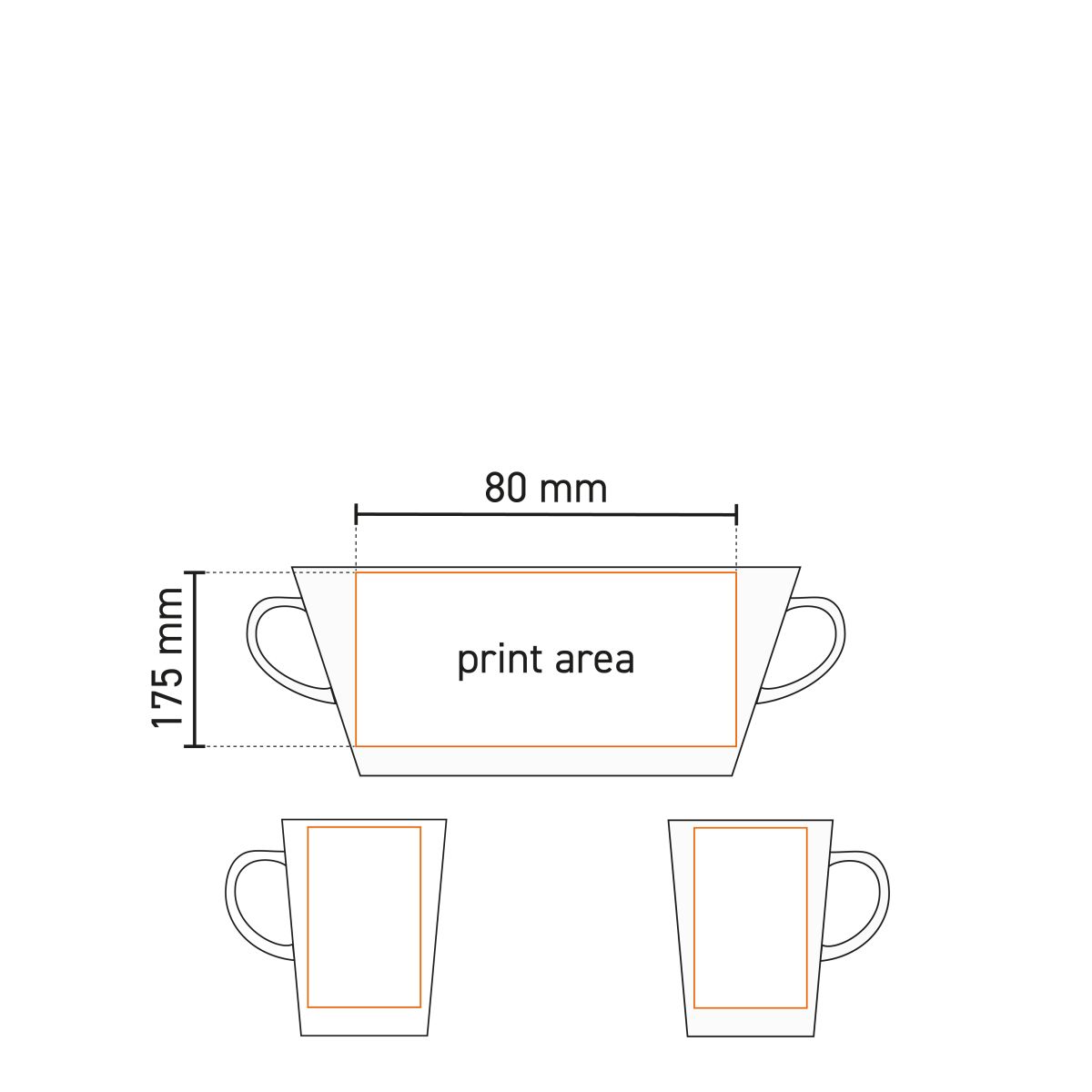 Technical working drawing of Victor Mug 24 cl porcelain with marking of printing area.