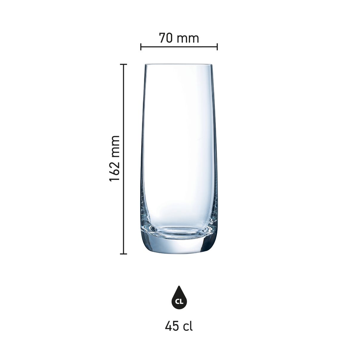 Infographic showing dimensions of the Vigne glass 45 cl. including height and diameter.