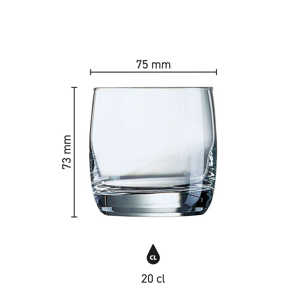 Infographic met de exacte afmetingen van het Vigne tumblerglas 20 cl. in glas weergegeven.
