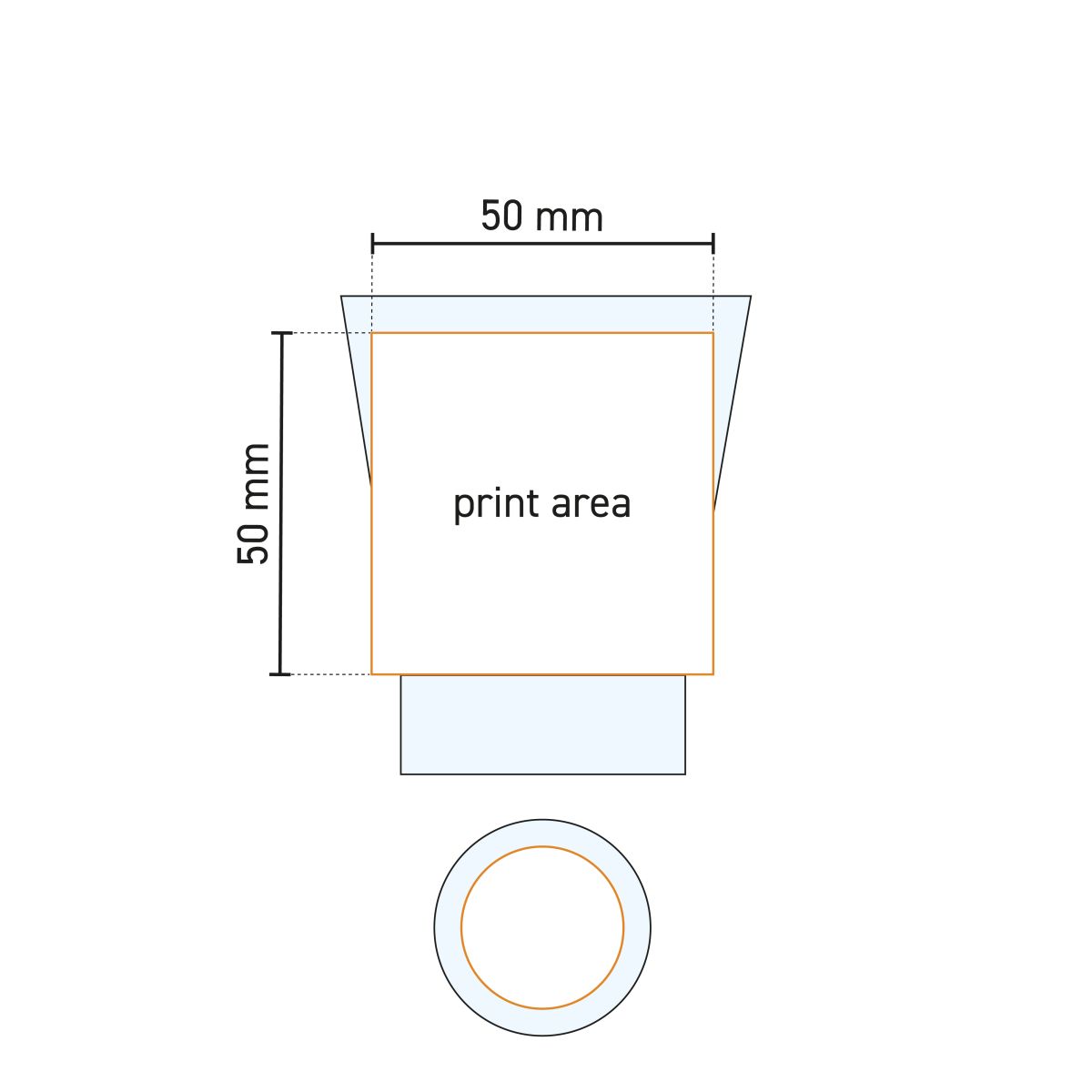 Technische werktekening van het Cafeïno 9 cl waterglas met gemarkeerd drukgebied voor bedrukking.