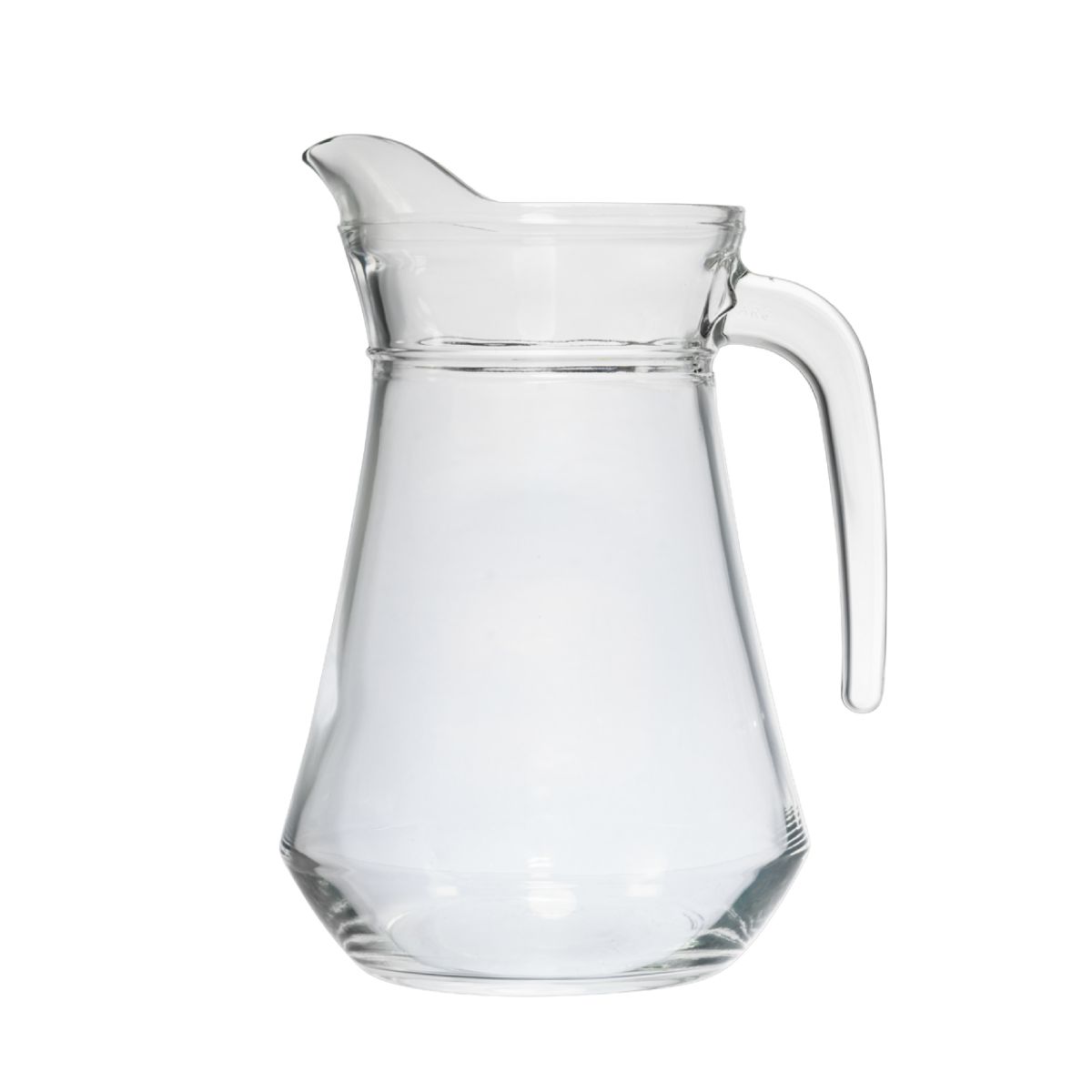 Front view of glass water jug Broc Arc 1.0 litre with straight shape and wide spout.