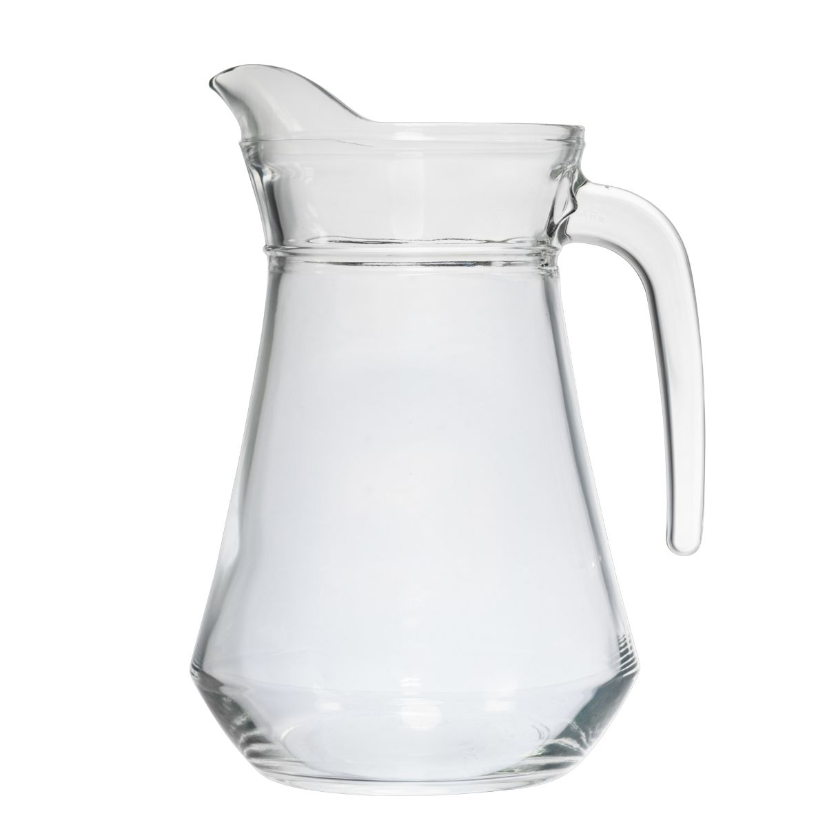 Front view of glass water jug Broc Arc 1.3 litres with straight shape and wide pouring spout.