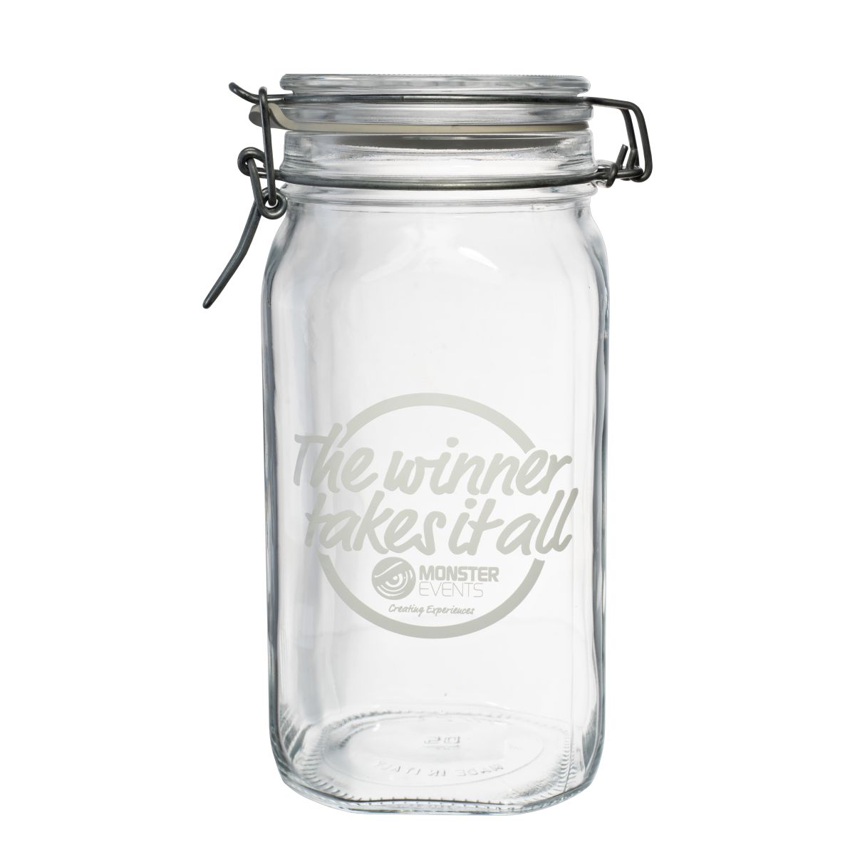 Fido 1.5-litre square glass preserving jar with the Monster Events logo engraved on the front
