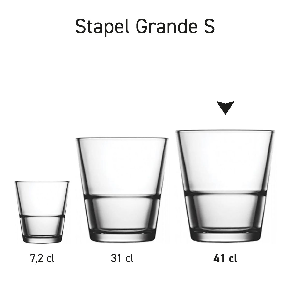 Set of Grande S glasses in series arrangement for overview with different capacity sizes