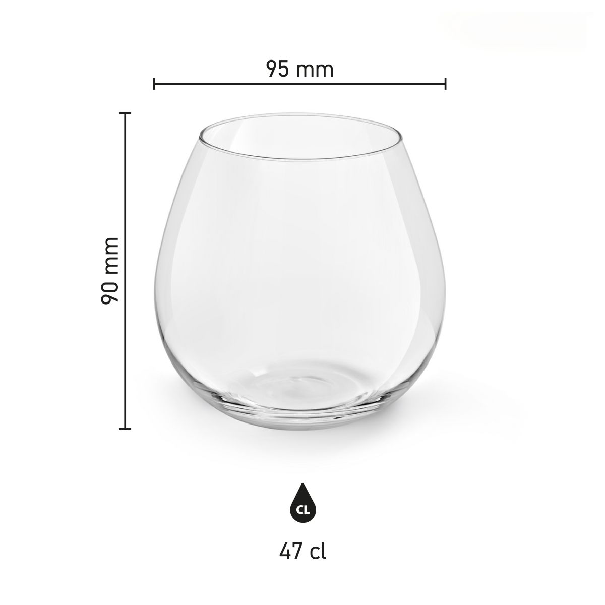 Transparent 47 cl Ronda wine glass in frontal view, suitable for red and white wine.