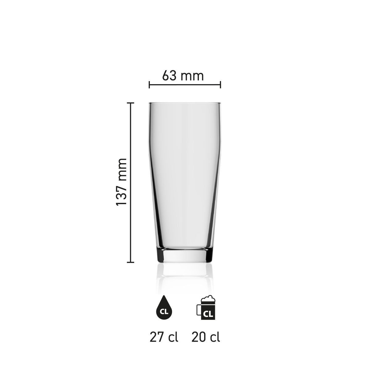 Maatvoering van de Willibecher 27 cl glas met hoogte, diameter en inhoud in infographic