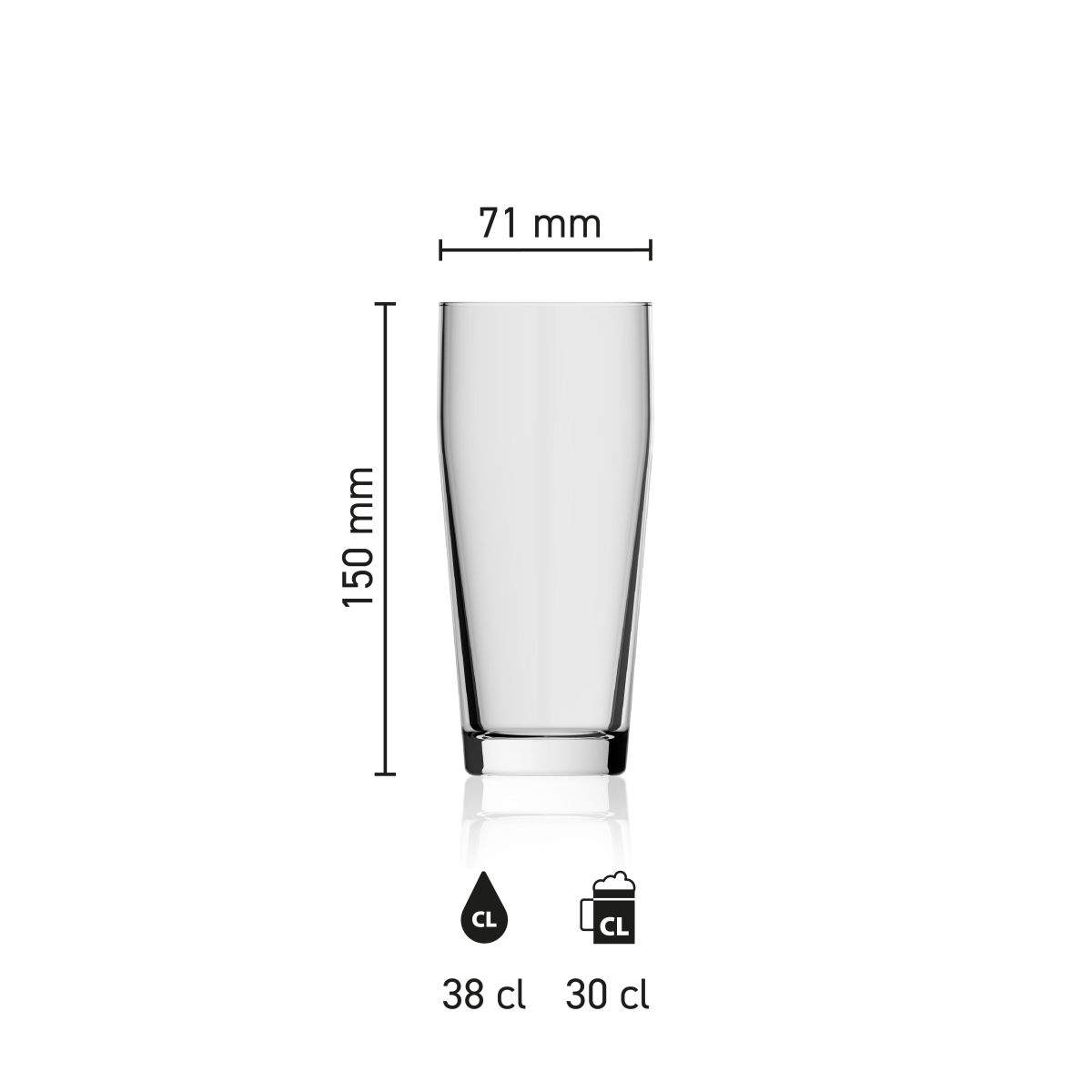 Dimensions of the Willibecher 38 cl glass, showing height, diameter and capacity in an infographic
