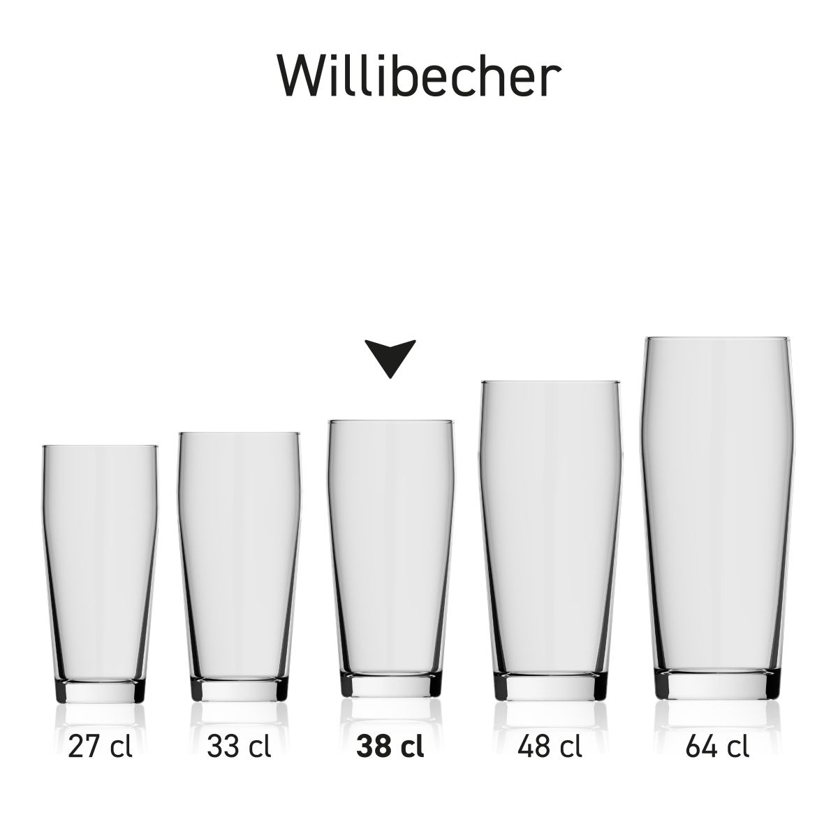 Willibecher 38 cl. made of clear glass shown as part of a series with several examples displayed side by side