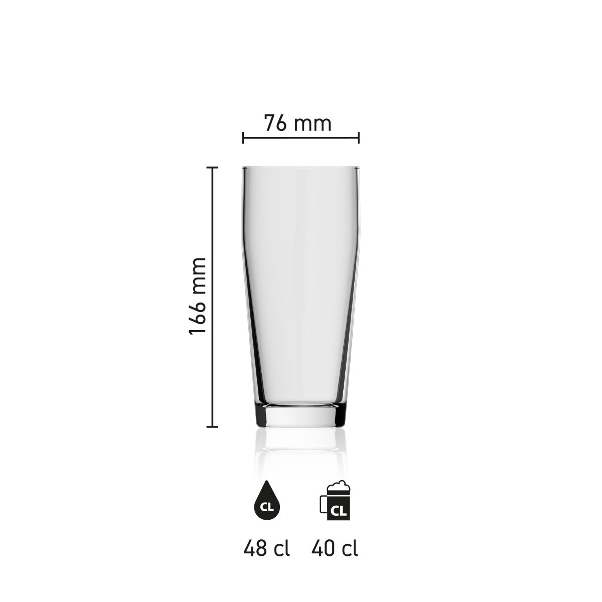 Dimensions of the Willibecher 48 cl glass, showing height, diameter and capacity in an infographic