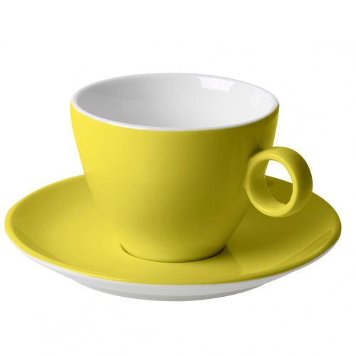 Gele Bart cappuccinokop en schotel laten bedrukken met je eigen logo