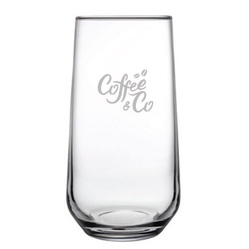 Transparent Allegra long drink glass 47 cl with engraved CoffeeCo logo on the front of the glass.