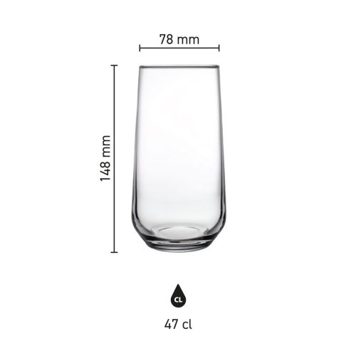Infographic of Allegra long drink glass 47 cl in glass with dimensions such as height and diameter shown.