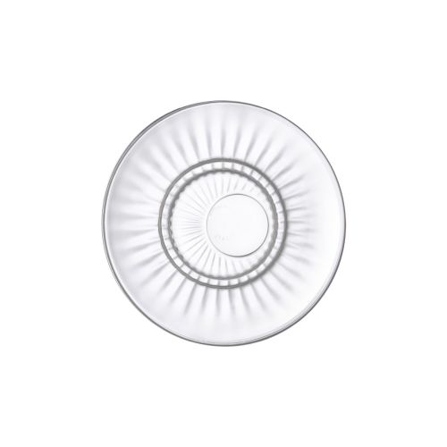 Front view of Barshine espresso saucer 14 cm in clear glass with slightly raised rim.