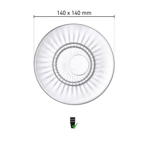 Infographic showing exact dimensions of Barshine espresso saucer 14 cm glass.