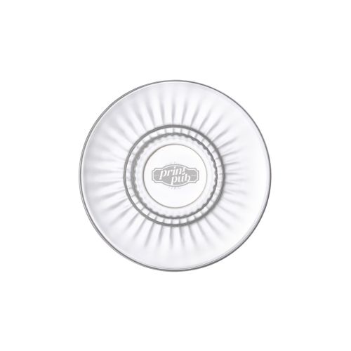 Engraving of PrintPub logo on glass Barshine coffee saucer 14 cm, visible in front view.