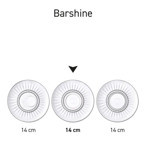 Series overview of Barshine 14 cm glass dishes with various designs.