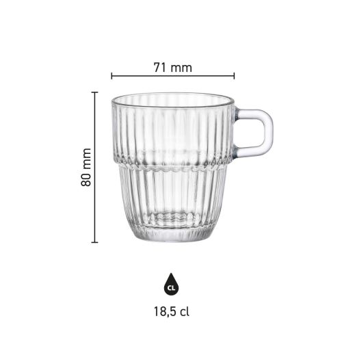 Infogrpahic met hoogte- en diameterafmetingen van het Barshine Koffieglas 18,5 cl. glas.