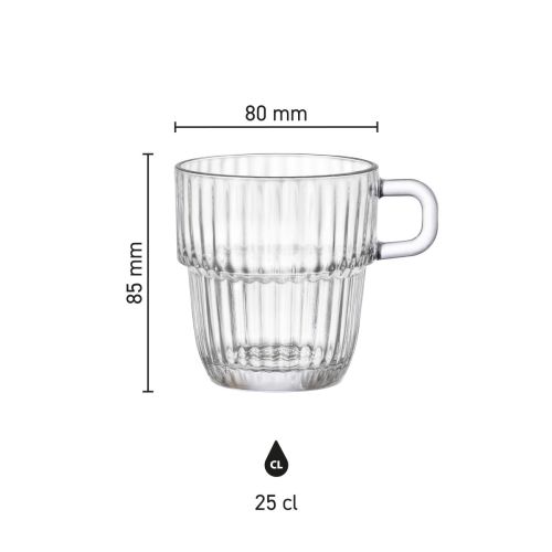 Infographic met afmetingen van Barshine theeglas 25 cl. inclusief hoogte en diameter.