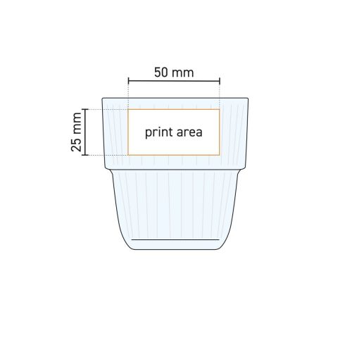 Technische werktekening van Barshine Tumbler glas 21 cl met gemarkeerd drukgebied voor logoplaatsing.