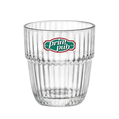 Barshine Tumbler glass 31 cl. with multicoloured PrintPub logo print on the front view.