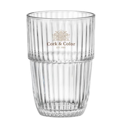 Barshine Tumbler 50 cl. glass with multi-coloured CorkColour logo centred on the glass surface.