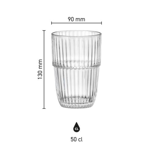 Technical drawing with dimensions of the Barshine Tumbler 50cl glass, including diameter and height.