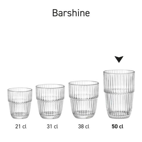 Row of Barshine Tumbler glasses in series made of clear glass material.