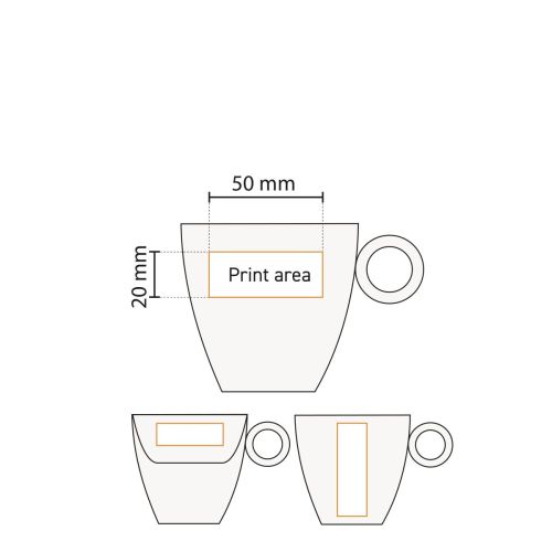 Werktekening toont het drukgebied op de Bart koffiekop van mat porselein voor logoplaatsing.