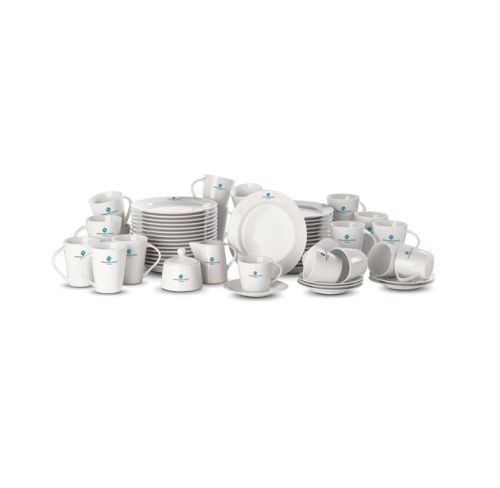 deze witte Servies set 92-delig Milano bestaande uit bordjes, kopjes en schotels kan bedrukt worden