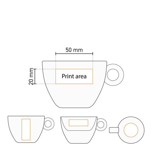 Technical working drawing of Bola Cappuccino 20 cl set in porcelain with print area indication on both items.
