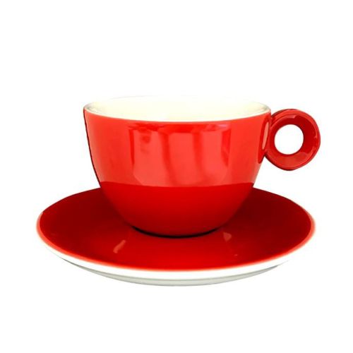 Front view of Bola cappuccino red-white 20 cl. set of porcelain, with rounded shape.