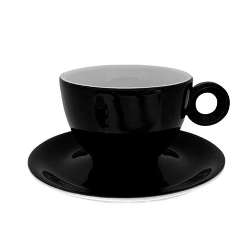 Front view of Bola cappuccino black and white 20 cl. set of porcelain, with rounded shape.