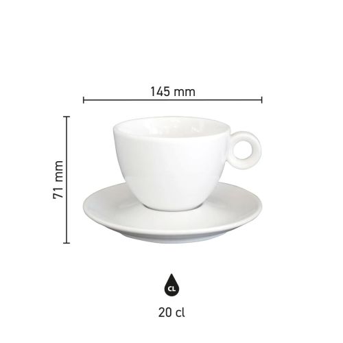 Infographic showing product dimensions of Bola cappuccino 20 cl porcelain set.