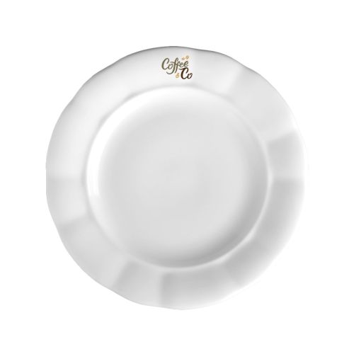 Wit porseleinen bord Bernice 19 cm met meerkleurig CoffeeCo-logo op voorzijde.