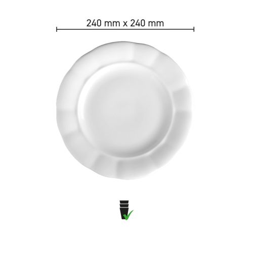 Infographic met productafmetingen van bord Bernice 24 cm in wit porselein.