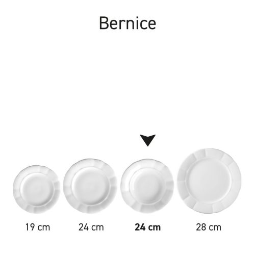 Serie van borden Bernice in wit porselein overzichtelijk opgesteld.