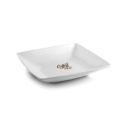 Vierkant diep Squito bord 22 cm van porselein met 1-kleur logo CoffeeCo op het vooraanzicht.