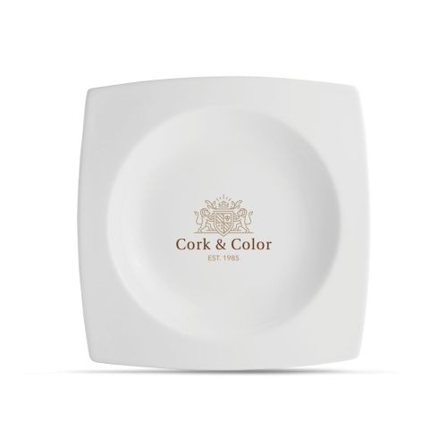 Square deep Squito plate 27 cm in porcelain with multi-coloured CorkColor logo on the front view.