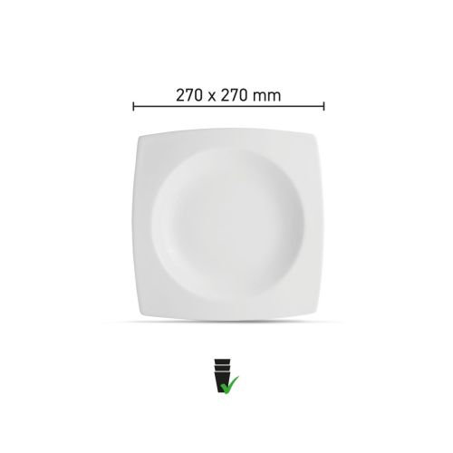 Square deep Squito plate 27 cm of porcelain with infographic of product dimensions and size display.